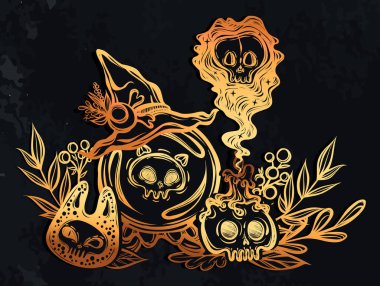 Vektör çizimi, Cadılar Bayramı, kristal küre, mum, hayalet, mistik, cadılık, cadı şapkası. El yapımı, parmak izi, dövme, arkaplan tahtası