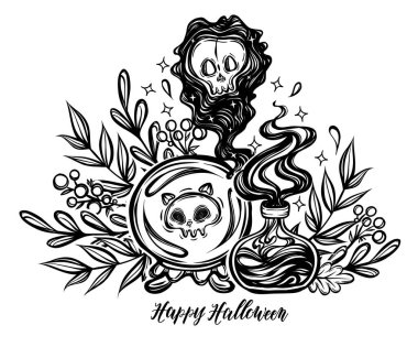 Vektör çizimi, Cadılar Bayramı, kristal küre, hayalet, iksir şişeleri, mistik, cadılık. El yapımı, parmak izi, dövme.