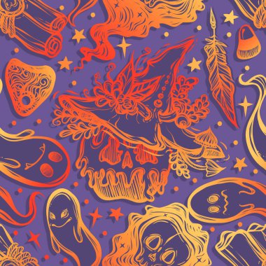 Vektör çizimi, Cadılar Bayramı, zehirli elma, hayaletler, cadı şapkası, parşömen, mistik, cadılık. El yapımı, parmak izleri, arka plan moru, kusursuz desen