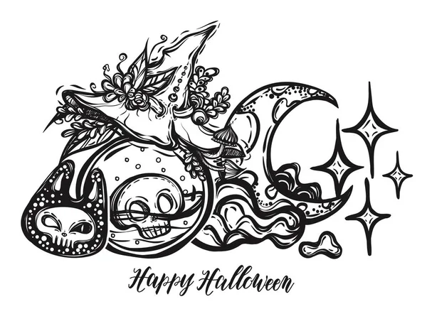 Ilustración Vectorial Halloween Botellas Poción Sombrero Bruja Luna Con Estrellas — Archivo Imágenes Vectoriales