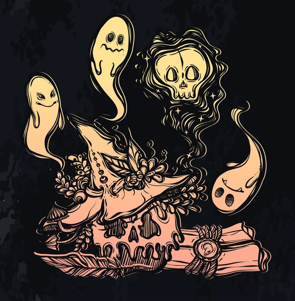Ilustração Vetorial Halloween Maçã Envenenada Fantasmas Chapéu Bruxa Pergaminho Místico —  Vetores de Stock