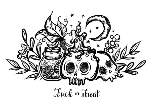 Vector Illustratie Halloween Pot Met Insecten Kaars Schedels Mystiek Hekserij — Stockvector