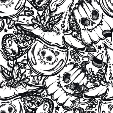 Cadı şapkası, kristal küre ve balkabağı ile Cadılar Bayramı vektör bileşimi. Çizgi sanatı tarzında illüstrasyon. Renklendirme, mistik, büyücülük, arka plan ışığı, kusursuz desen