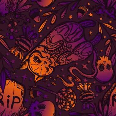 Mezarın üzerinde gizemli kedi iskeleti olan Cadılar Bayramı vektör bileşimi, kafatasları. Yetişkin boyama kitabı sayfası, tişört tasarımı, kusursuz desen, arka plan koyu mor