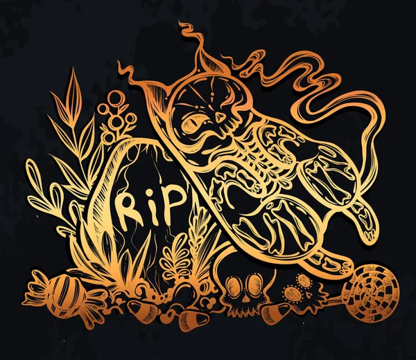 Kompozycja Wektorowa Halloween Mistycznym Szkieletem Kota Leży Grobie Czaszki Kreda — Wektor stockowy