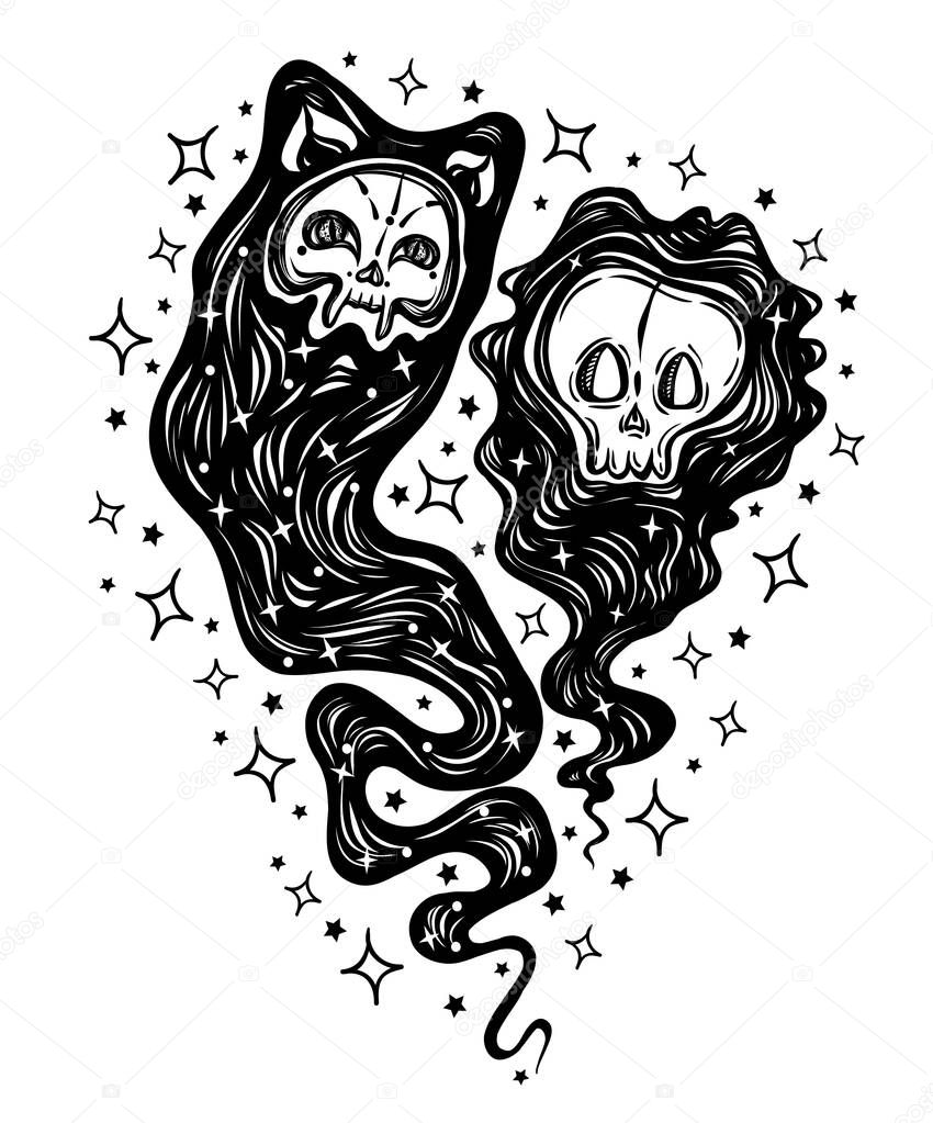 Halloween vector composition with demon cat, ghost. Illustration in line art style. Mystic, witchcraft, tattoo art, print for t-shirt