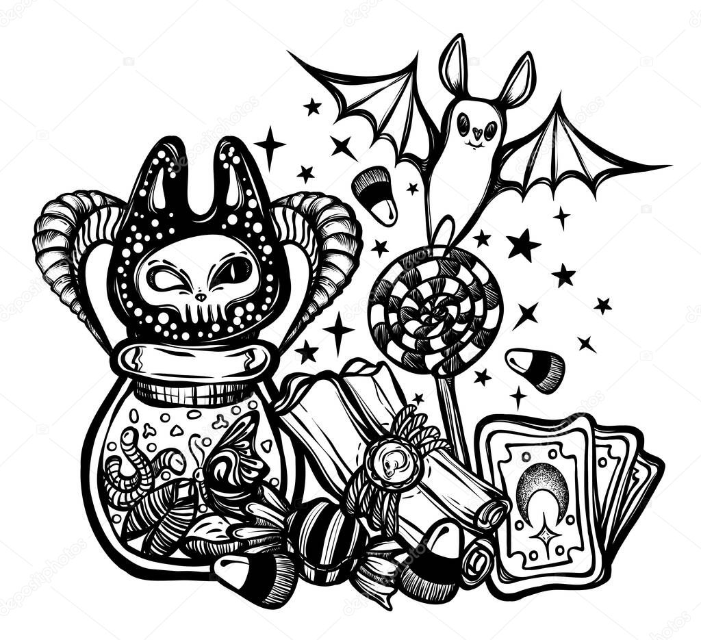 Halloween vector composition with bottle with insects, sweets and card, bat. Adult coloring book page, tattoo art, t-shirt design