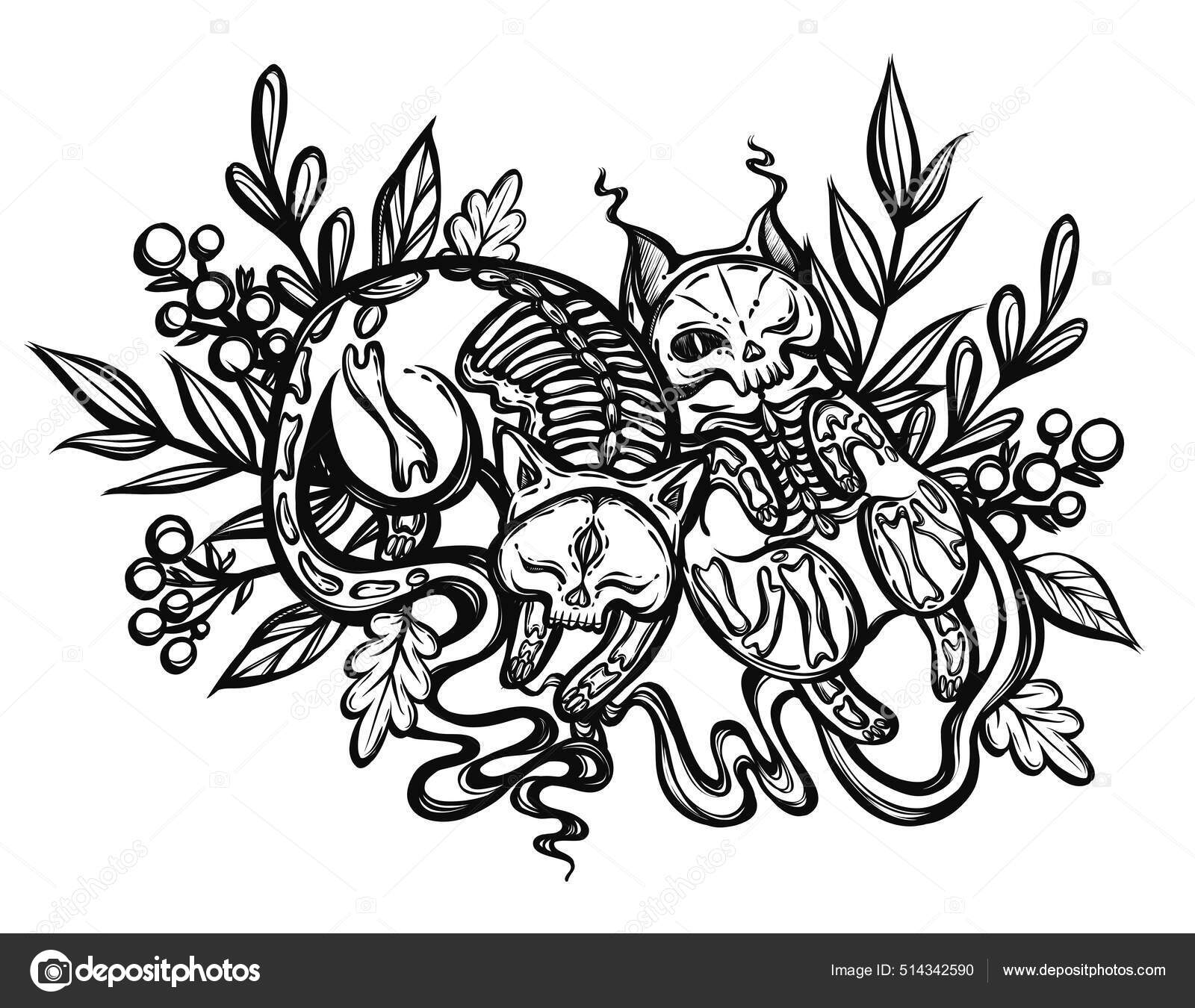 Halloween Vektor Sammensætning Med Mystiske Kat Skelet Voksen Malebog Side  Stockvektor af ©HikaruD88 514342590, image size:1600x1350