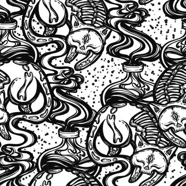 Mistik kedi iskeleti ve iksir şişesiyle vektör bileşimi. Yetişkin boyama kitabı sayfası, arka plan ışığı, kusursuz desen, tişört tasarımı