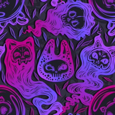 İblis kedi, hayalet, içinde kafatası olan kristal küre, arka plan gri, pürüzsüz desen, tişört tasarımı.