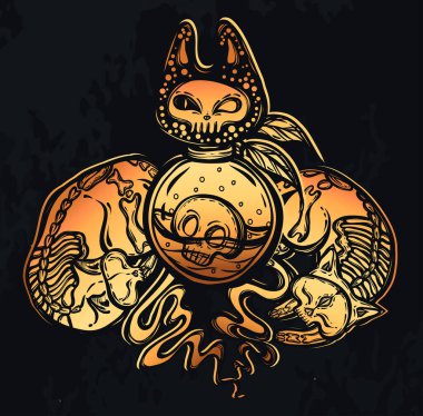 Cadılar Bayramı vektör bileşimi mistik kedi iskeleti, iksir şişesi, arka plan karatahta, tişört tasarımı