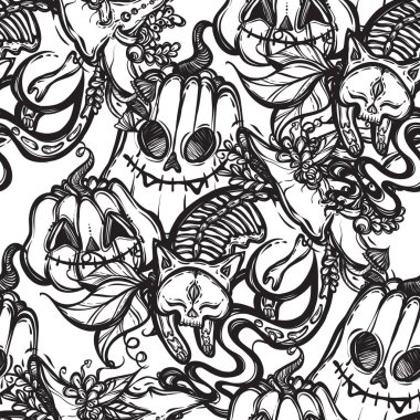 Cadılar Bayramı vektör bileşimi mistik kedi iskeleti, balkabağı ve cadı şapkası, arka plan ışığı, kusursuz desen, tişört tasarımı