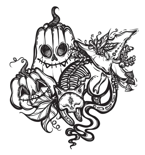 Composition Vectorielle Halloween Avec Squelette Mystique Chat Citrouilles Chapeau Sorcière — Image vectorielle