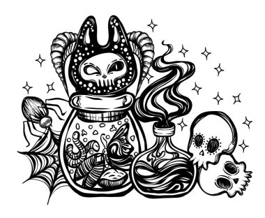 Böcekli şişelerle Cadılar Bayramı vektör bileşimi, iksirli şişe, kafatasları, örümcek. Yetişkin boyama kitabı sayfası, dövme sanatı, tişört tasarımı