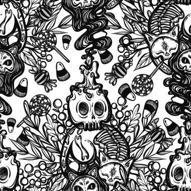 Cadılar Bayramı vektör bileşimi mistik kediler iskelet, mum kafatası, tatlılar ve hayalet, yetişkin boyama kitabı sayfası, kusursuz desen, arka plan ışığı