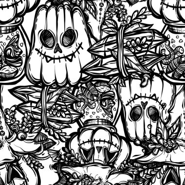 Cadılar Bayramı vektör bileşimi, büyücülerin şapkasındaki balkabakları, böcekli bir banka, sihirli kristal, yetişkin boyama kitabı sayfası, kusursuz desen, arka plan ışığı.