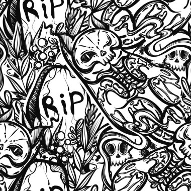 Mezarın üzerinde mistik kedi iskeleti olan Cadılar Bayramı vektör bileşimi, kafatasları, tişört tasarımı, kusursuz desen, arka plan ışığı