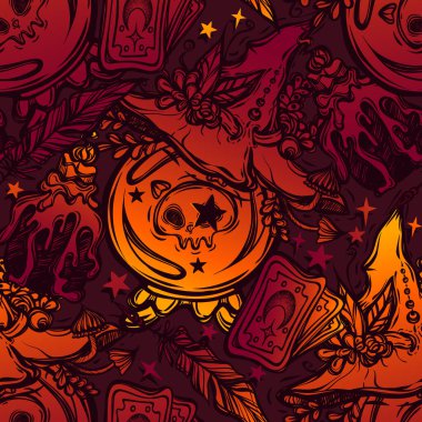 Vektör çizimi, kristal küre, mistik, cadılık, cadı şapkası, tarot kartları. El yapımı, arka plan koyu mor, pürüzsüz desen