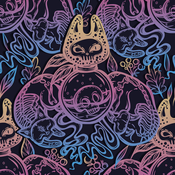 Векторная композиция с мистическим скелетом кошки, бутылка зелья, дизайн футболки, бесшовный узор, фон темно-синий