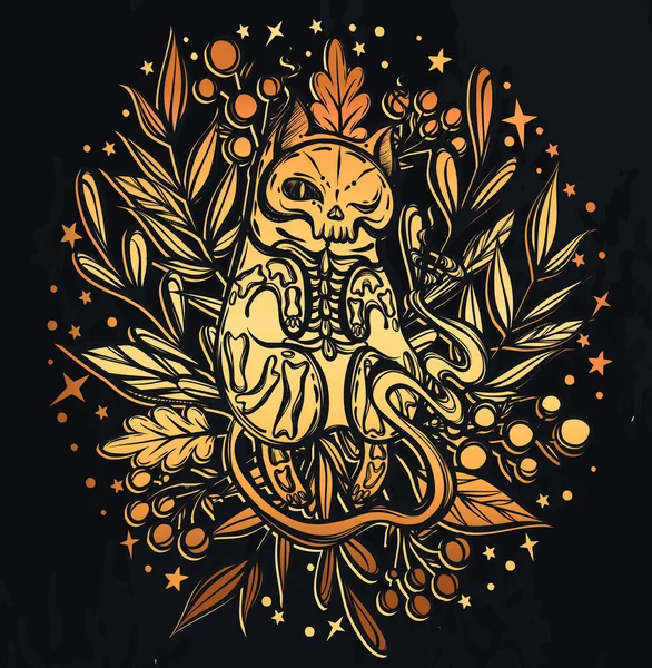 Векторная Композиция Скелетом Мистической Кошки Лежит Траве Фоновой Доске Дизайне — стоковый вектор