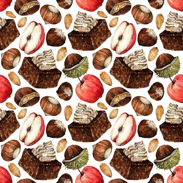 Aquarell Illustration Komposition Mit Brownies Äpfeln Verschiedenen Nüssen Haselnüssen Kastanien — Stockfoto