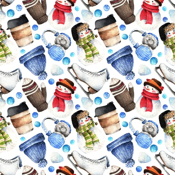 Ilustracja Akwarela Śnieg Dzień Kompozycja Filiżanki Kawy Kapelusz Łyżwy Rękawiczki — Zdjęcie stockowe