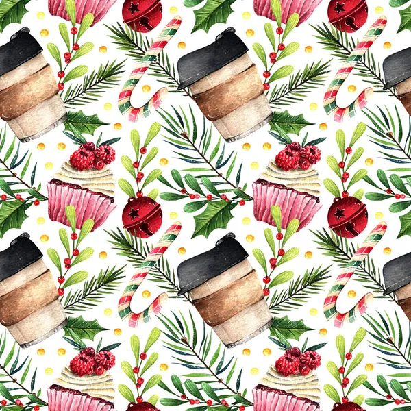 Watercolor illustration, Warm winter, composition with coffee mug and cupcake, bells, spruce branches, mistletoe. Handmade. Background light, seamless pattern