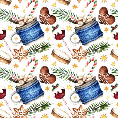 Suluboya illüstrasyon, ılık kış, kakao kupalı kompozisyon, marşmelov, zencefilli kurabiye, pop kek, şeker çubuğu. El yapımı. Arka plan ışığı, pürüzsüz desen