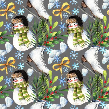 Suluboya çizimi, kar günü, patenli kompozisyon, kardan adam. El yapımı. Arkaplan koyu, pürüzsüz desen