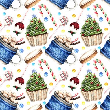 Suluboya illüstrasyon, ılık kış, kakao kupalı kompozisyon, lokum, kek, pop kek. Arka plan ışığı, kusursuz desen. El yapımı.