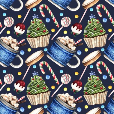 Suluboya illüstrasyon, ılık kış, kakao kupalı kompozisyon, lokum, kek, pop kek. Geçmişi karanlık, pürüzsüz bir desen. El yapımı.