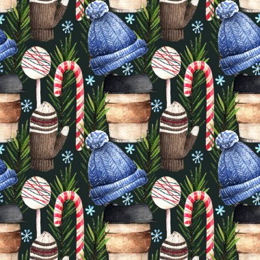 Suluboya illüstrasyon, ılık kış, kahve fincanı ve şapkalı kompozisyon, eldivenler, şeker çubuğu. El yapımı. Arkaplan koyu, pürüzsüz desen