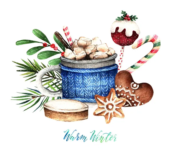 Akvarel Ilustrace Teplá Zima Kompozice Kakaovým Hrnkem Marshmallows Perníkové Sušenky — Stock fotografie