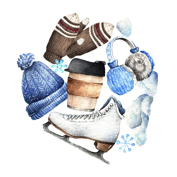 Akvarell Illustration Snö Dag Sammansättning Med Kaffemugg Hatt Skridskor Vantar — Stockfoto