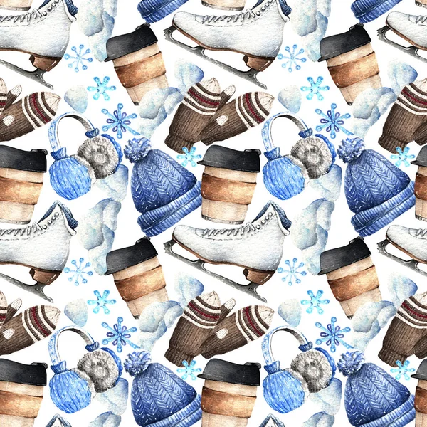 Акварель Иллюстрация Снежный День Композиция Кофе Кружку Шляпу Коньки Варежки — стоковое фото