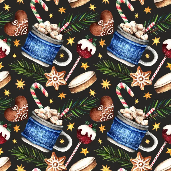 Akvarell Illustration Varm Vinter Sammansättning Med Kakaomugg Marshmallows Pepparkakor Popkaka — Stockfoto
