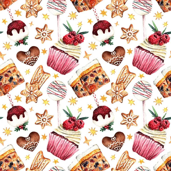 Aquarell Illustration Frohe Weihnachten Cupcake Stollen Lebkuchen Popcake Handgemacht Hintergrundlicht — Stockfoto