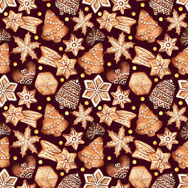 水彩画 圣诞快乐 姜饼饼干 手工做的背景黑暗无缝图案 — 图库照片