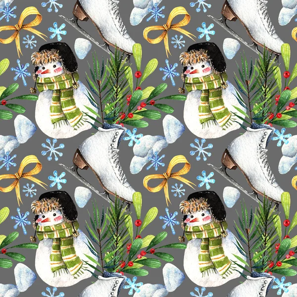 Акварель Снежный День Композиция Коньками Снеговик Сделано Вручную Фон Темный — стоковое фото