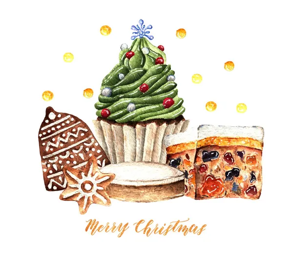 Watercolor Illustration Merry Christmas Cupcake Stollen Gingerbread Cookie Handmade Postcard — Stock Photo, Image