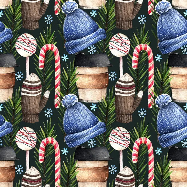 Suluboya Illüstrasyon Ilık Kış Kahve Fincanı Şapkalı Kompozisyon Eldivenler Şeker — Stok fotoğraf