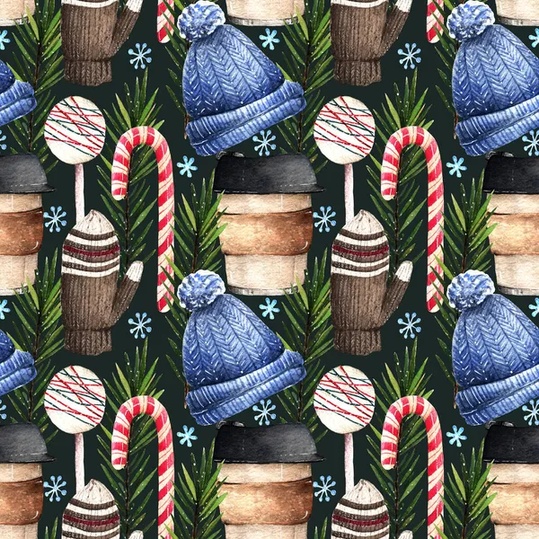 Suluboya illüstrasyon, ılık kış, kahve fincanı ve şapkalı kompozisyon, eldivenler, şeker çubuğu. El yapımı. Arkaplan koyu, pürüzsüz desen