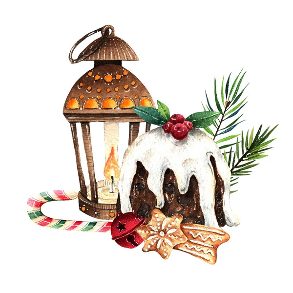 Aquarelillustratie Vrolijk Kerstfeest Zaklamp Traditionele Britse Kerstpudding Peperkoekje Snoepgoed Achtergrond — Stockfoto
