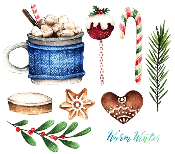 Watercolor illustration, Warm winter, set, cocoa mug, marshmallows, gingerbread cookies, pop cake, candy stick. Handmade, Postcard for you. Background white