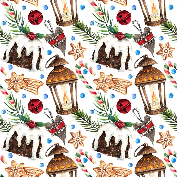 Akvarell Illustration God Jul Ficklampa Traditionell Brittisk Julpudding Pepparkakor Kaka — Stockfoto