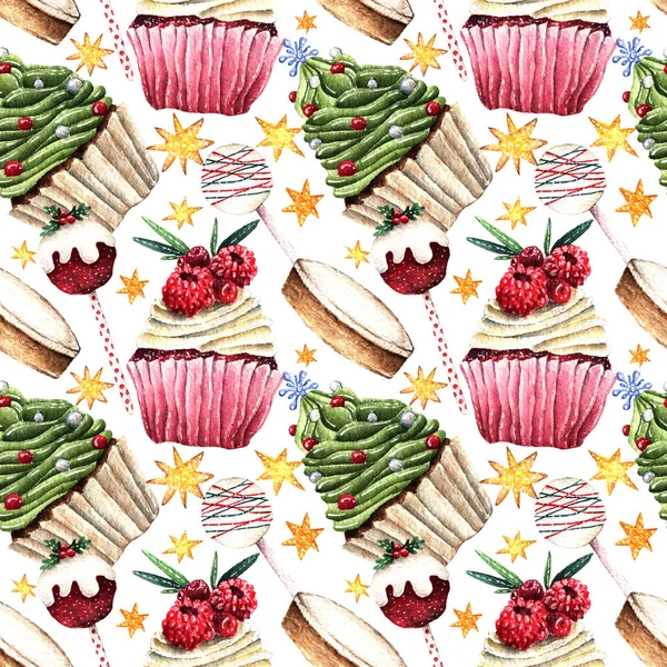 Akvarell Illustration God Jul Cupcakes Pepparkakor Kaka Pop Kaka Handgjord — Stockfoto