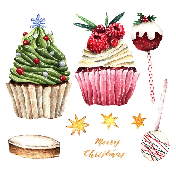 Akvarel Ilustrace Veselé Vánoce Sada Tradiční Britské Vánoční Pudink Cupcakes — Stock fotografie