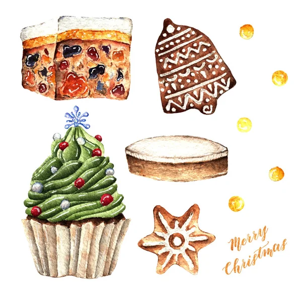 Akvarel Ilustrace Veselé Vánoce Set Cupcake Kradené Perníkové Sušenky Ručně — Stock fotografie