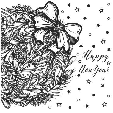 Ladin ve ökseotu, çam dalları ve sanat içeren vektör Noel kompozisyonu. Yetişkin boyama kitabı sayfası, tişört tasarımı