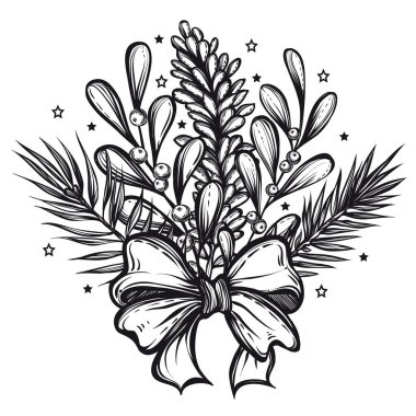 Yeni yıl kompozisyonu ladin ve ökseotu, çam dalları ve tişört tasarımı. Arkaplan beyazı, kartpostal sana. El yapımı.